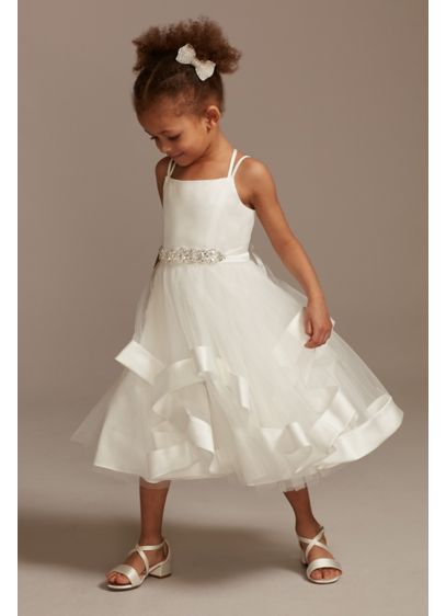 Double Strap Flower Girl Dress with Satin Edge - She'll love to twirl in this tea-length flower